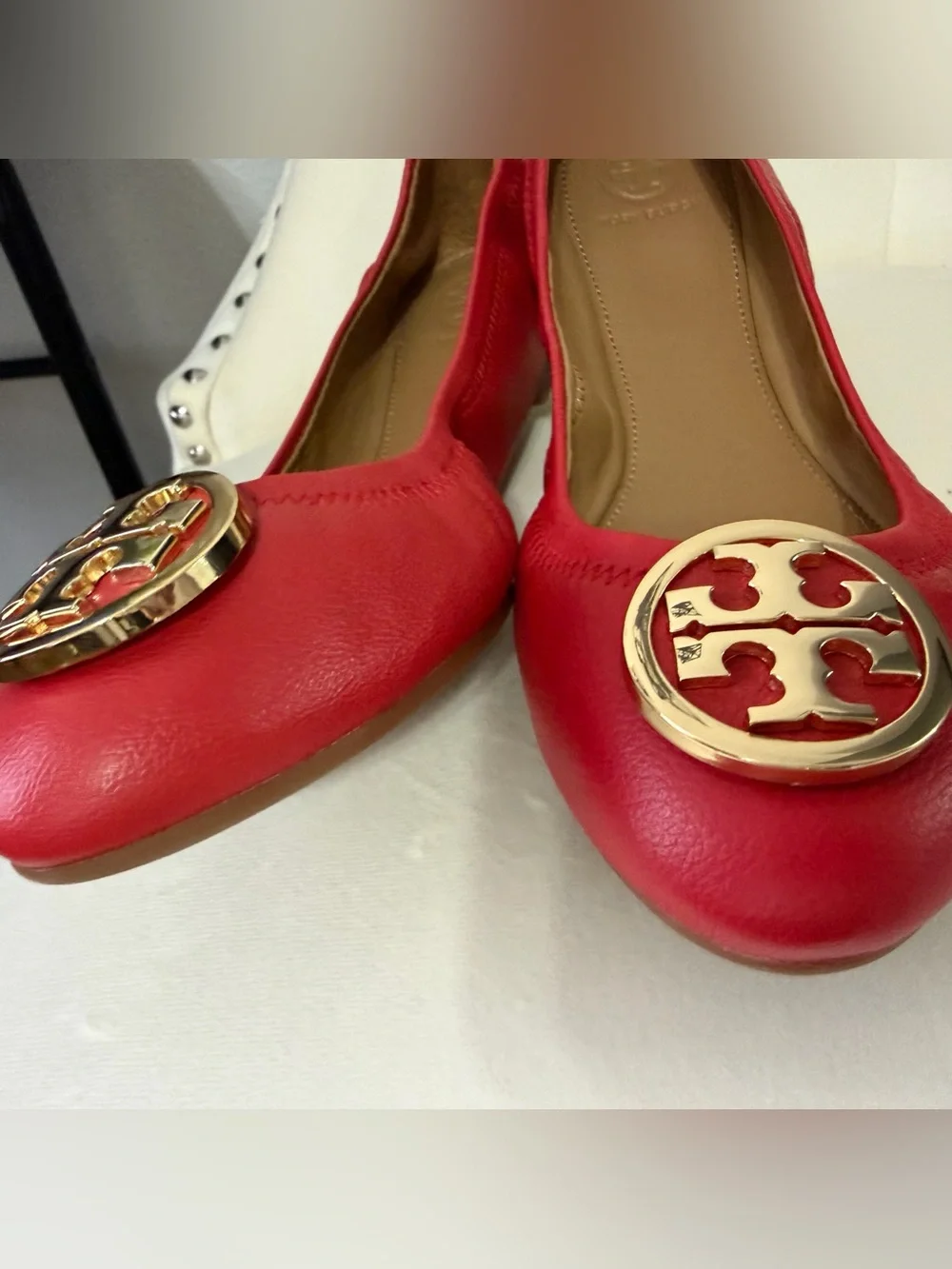 Tory Burch Red Leather Ballet Flats with Gold Logo
